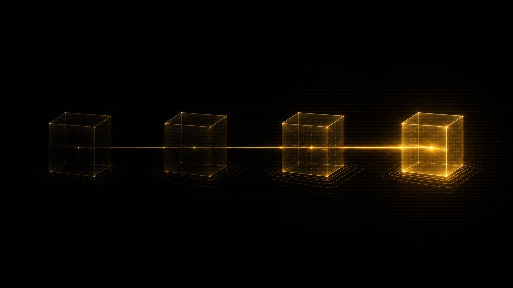 Four translucent gold wireframe cubes in a horizontal line, connected by a single gold line that grows brighter from left to right, with the fourth cube glowing most intensely -- representing the four stages of the Varix process: Discover, Design, Build, Ship & Support