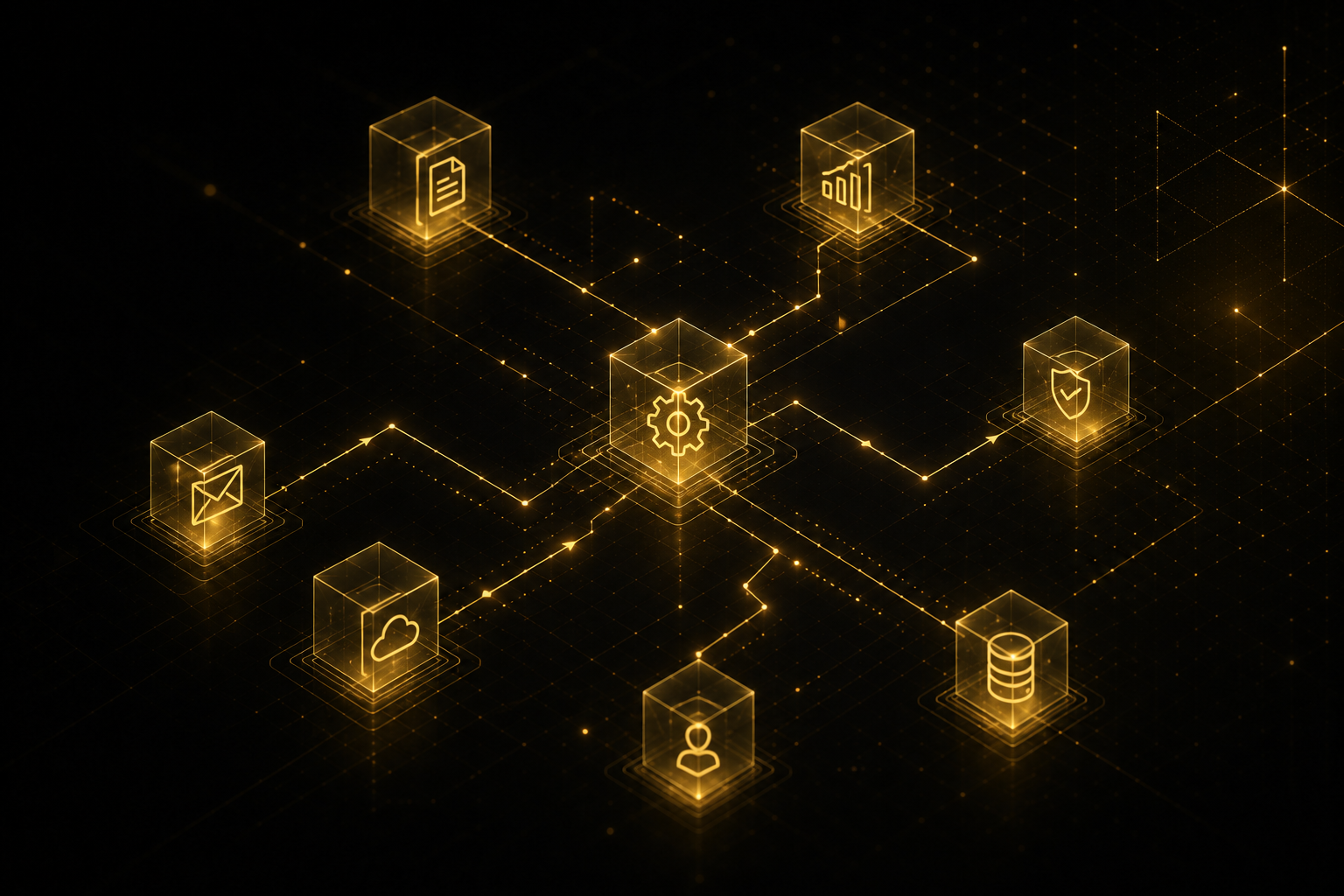 Abstract illustration of gold wireframe cubes connected by glowing lines, each labeled with an automation icon (document, email, cloud, chart, database), converging on a central gear -- representing n8n workflow automation