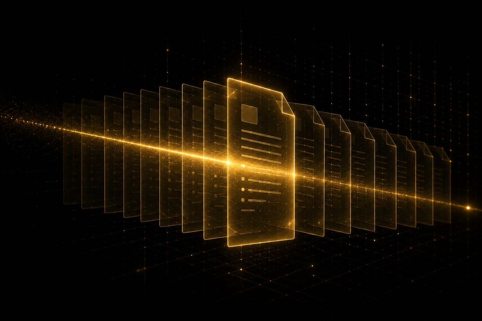 A row of translucent gold document panels receding into the distance with a single beam of light passing through and highlighting one panel -- representing retrieval-augmented generation grounding an answer in a specific document